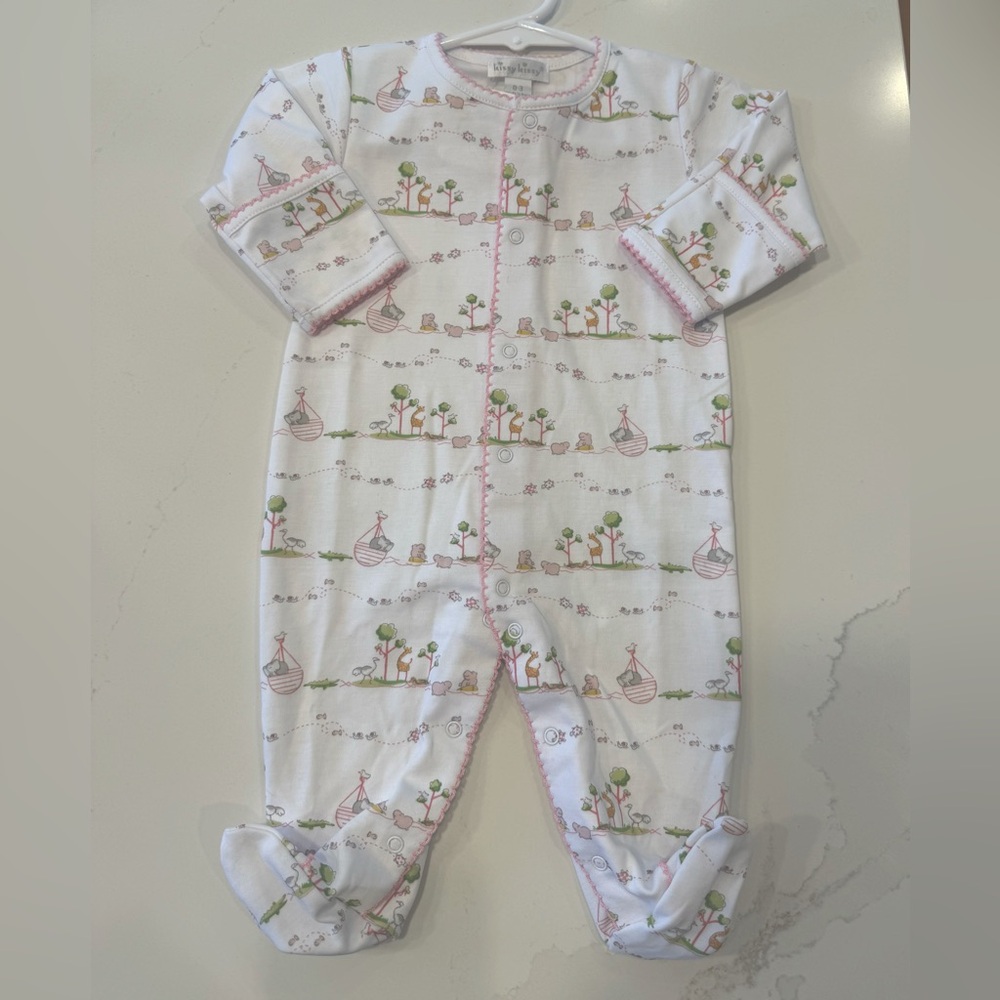 Kissy Kissy NWT footie Noah’s Ark pink baby girl 0-3 months snaps PJ’s onesie